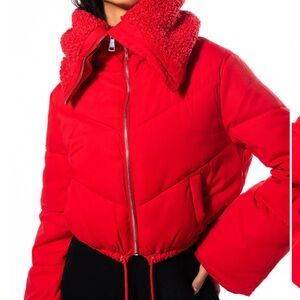 AKIRA Red Glossy Puffer Jacket with High Collar